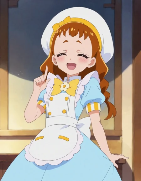 score_9, score_8_up, score_7_up, anime screencap, solo,1girl,arisugawahimari, hat,white apron, white headwear, skirt, bow,blue dress, puffy short sleeves,closed eyes, open mouth, smile, ^_^, index finger raised, :d,looking at viewer, cowboy shot,small breasts, blush,<lora:arisugawahimari:0.8>