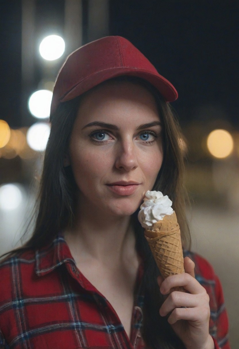 A 30yo woman eating a cone icecream.  blue eyes. perfecteyes
Wearing Jeans and Plaid red shirt with a hat/cap red. 
Long dark black slick back hair. No makeup.
Night time, Street light. 
Looking at camera POV. 
Medium Close Up shot.
Bokeh. Bokeh light.  
Blurred background.