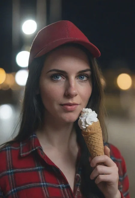 A 30yo woman eating a cone icecream.  blue eyes. perfecteyes
Wearing Jeans and Plaid red shirt with a hat/cap red. 
Long dark black slick back hair. No makeup.
Night time, Street light. 
Looking at camera POV. 
Medium Close Up shot.
Bokeh. Bokeh light.  
Blurred background.