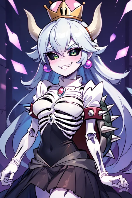 score_9, score_8_up, score_8, medium breasts, (curvy), cute, eyelashes, BREAK, , zzDryBowsette, black sclera, colored sclera, skeleton, horns, spikes, dress, hair between eyes, jewelry, very long hair, green eyes, white hair, earrings, white gloves, colored skin, crown, pale skin, colored sclera, white skin, black sclera, ribs, skeleton, super crown, spiked armlet, spiked shell, <lora:DryBowsette_PDXL:1.0>, , BREAK, closed mouth, alternate costume, smile, looking at viewer, collared shirt, blush, sweater, black skirt, eyelashes, long sleeves, sleeves past wrists, plaid skirt, shoulder bag, black bag, blurry, tile floor, pleated skirt, white shirt, cowboy shot, ,,, embedding:zPDXL, Expressiveh, ,,, <lora:Vivid:0.7>, <lora:Uncensored_PonyXL_cpt_v02.09:0.4>, <lora:Expressive_H-000001:0.4>,