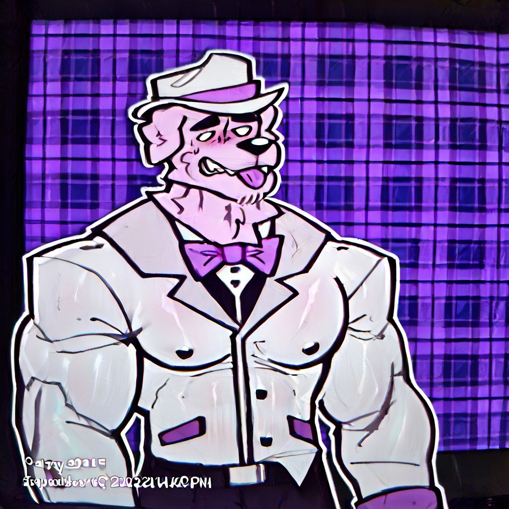 (((UhYeah mascot, muscular, purple dog man, source_furry, bara, tight waist, broad shoulders, bodybuilder, thick arms)))