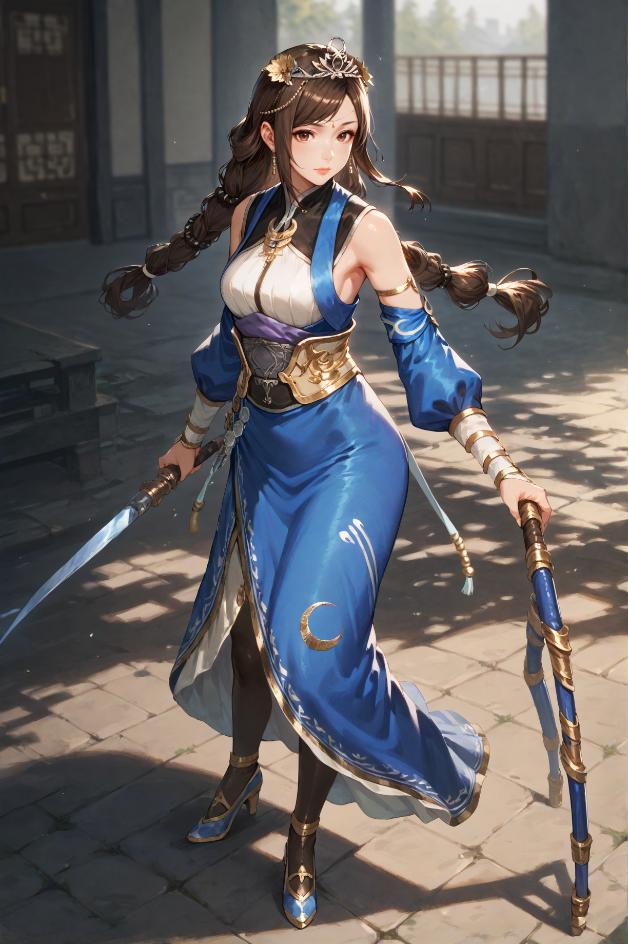 score_9, score_8_up, score_7_up, <lora:Cai_Wenji_Dynasty_Warriors:1> 1girl, solo, long hair, brown hair, brown eyes, jewelry, hair ornament, tiara, dress, detached sleeves, high heels, blue footwear, holding weapon, looking at viewer