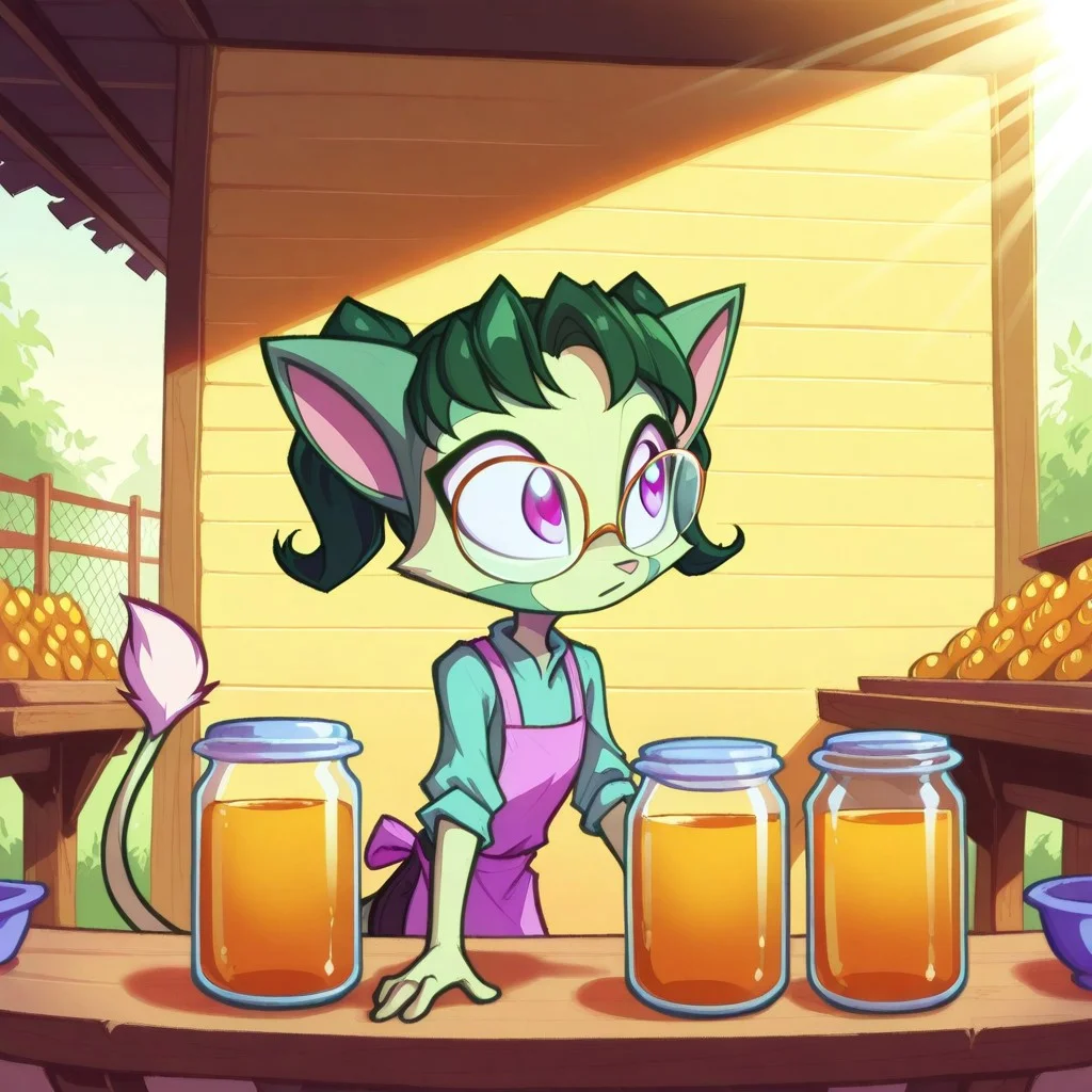 Dreamkeepers,1girl,prelude_lilith,solo,furry,tail,green hair, source_furry,glasses,magenta eyes,
child, kid, 1boy,
girl hands a jar of honey to a customer at a market stall. Bees buzz around a display of honeycombs, and sunlight glints off glass jars, farmer's_market, honey, jar, bee, honeycomb, stall, apron, sunlight, customer, wooden_table, summer, outdoors, exchange,
