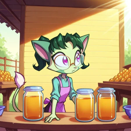 Dreamkeepers,1girl,prelude_lilith,solo,furry,tail,green hair, source_furry,glasses,magenta eyes,
child, kid, 1boy,
girl hands a jar of honey to a customer at a market stall. Bees buzz around a display of honeycombs, and sunlight glints off glass jars, farmer's_market, honey, jar, bee, honeycomb, stall, apron, sunlight, customer, wooden_table, summer, outdoors, exchange,