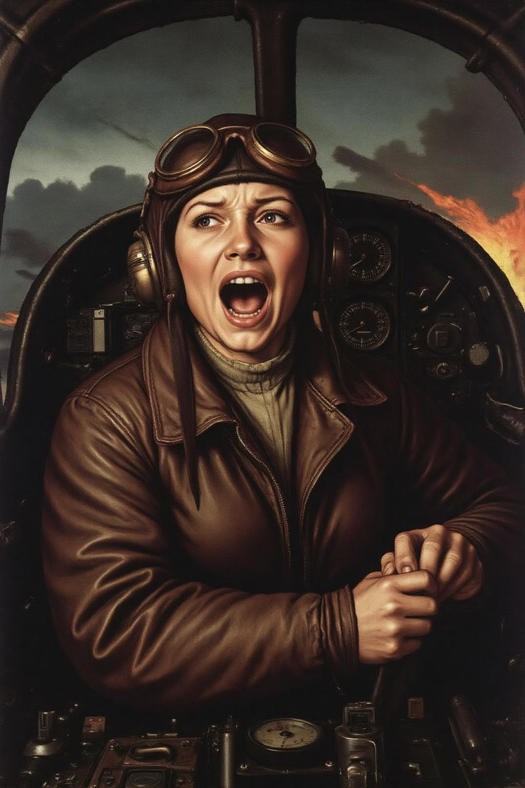 hansho1 painting.
A female pilot screaming inside the cockpit of a WWII bomber. The pilot, wearing a vintage leather flight helmet with goggles and a brown bomber jacket, grips the controls with white-knuckled hands. Her face is contorted in a mix of fear and determination as she yells, her eyes wide with adrenaline. The cockpit is cramped and filled with old-fashioned dials and gauges, with the outside view showing dark stormy clouds and distant anti-aircraft fire. The scene is lit by the eerie glow of the instrument panel, casting harsh shadows across her face, emphasizing the intensity and danger of the moment. High contrast, dynamic composition, gritty and realistic, with a cinematic feel.
 <lora:hansho1_cap_d6a3e12:1.0><lora:816884380342609572:0>