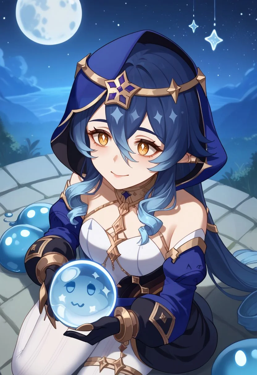 score_9, score_8_up, score_7_up, source_anime, 1girl, layladef, blue hair, yellow eyes, drill hair, hair between eyes, drill sidelocks, twin drills, pointy ears, blue hood, jewelry, neck ring, bare shoulders, detached sleeves, juliet sleeves, puffy long sleeves, claw ring, black gloves, white pantyhose, bags under eyes, thighlet, smile, closed mouth, exhausted, wariza, kneeling, (looking up), outdoors, starry sky, moon, night, orb, close-up, from above, slime \(genshin impact\), <lora:Layla_v1-000010:1>