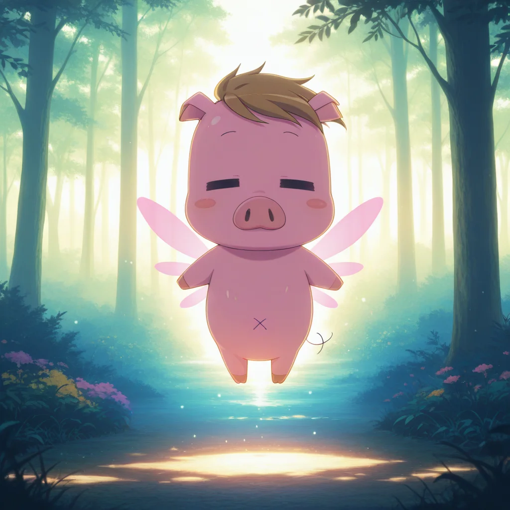 (deep contrast, luminous lighting, cinematic ambiance, best quality, colorful, masterpiece, detailed_background), <lora:haruhi-v2:0.9> awahspecial, no humans, pig boy, 1other, =_=, solo, multiple wings, dragonfly wings, 6_wings, pink wings, floating, forest,
