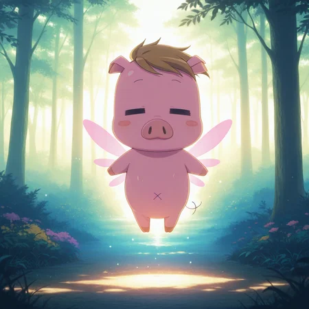 (deep contrast, luminous lighting, cinematic ambiance, best quality, colorful, masterpiece, detailed_background), <lora:haruhi-v2:0.9> awahspecial, no humans, pig boy, 1other, =_=, solo, multiple wings, dragonfly wings, 6_wings, pink wings, floating, forest,