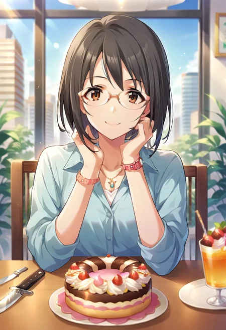 score_9, score_8_up, score_7_up, source_anime,kamijou haruna, brown eyes, black hair, glasses, 1girl, food, solo, jewelry, necklace, cake, watch, doughnut, smile, table, wristwatch, knife, looking at viewer