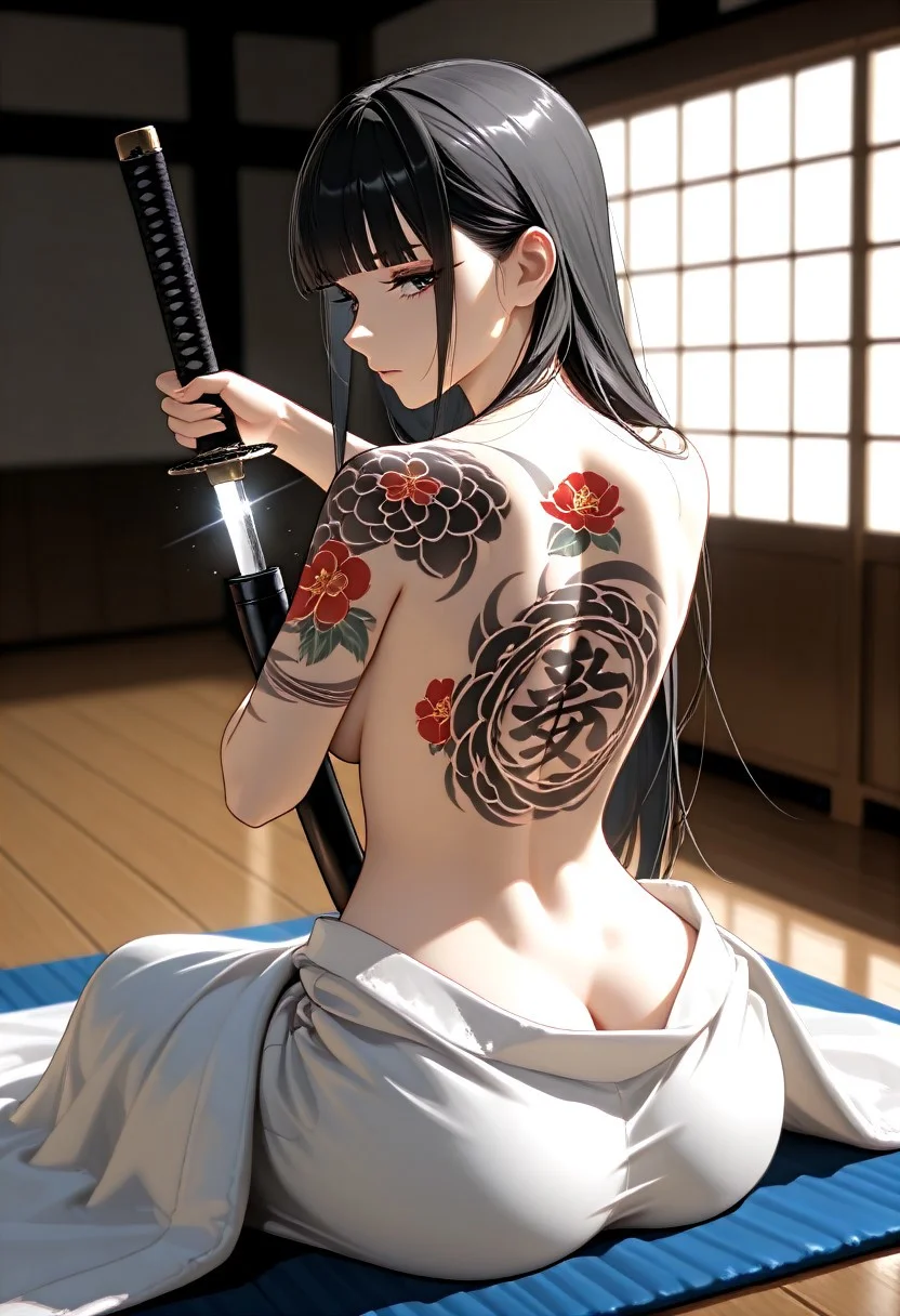 1girl, solo, samurai, long hair, black hair, hair behind ear, blunt bangs, thick eyelashes, looking back, topless, undressed, bare back, back tattoo, arm tattoo, y shaped butt crack, covered ass, blanket on ass, katana, black sheath, unsheathing, dojo, wooden floor, floor mat, dark room, sidelighting, rim light, sheath_between_legs <lora:rimixO:0.65>, masterwork, masterpiece, best quality, detailed, depth of field, , high detail, best quality, very aesthetic, 8k, dynamic pose, depth of field, dynamic angle, adult, aged up