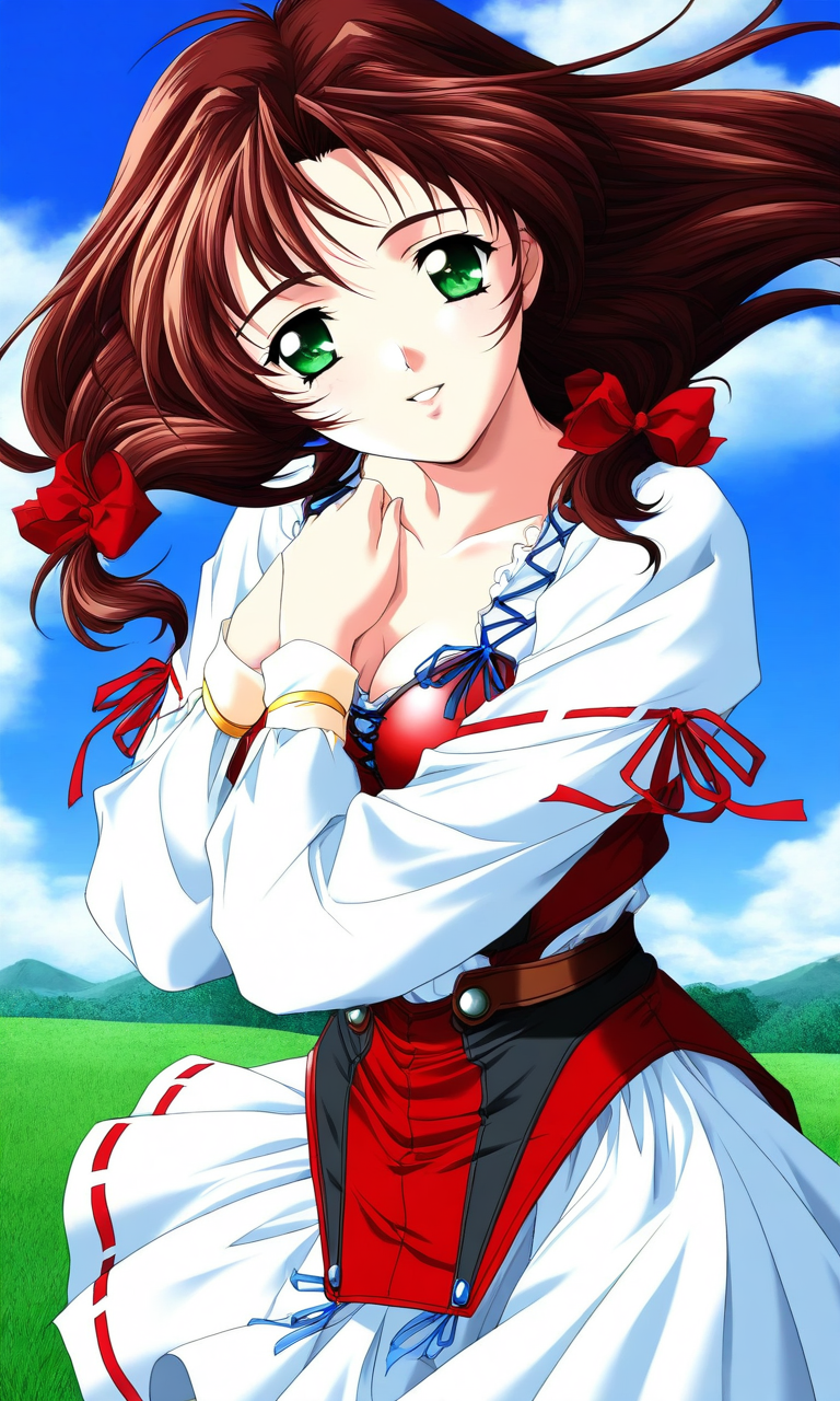 general,highres, ultra-detailed,very aesthetic,best quality ,best hands, BREAK <lora:Mew_words_worth_IS:1>anime coloring, anime_screencap, 
Mew(words_worth), 1girl, solo, green eyes, brown hair, long hair, ribbon, hair ribbon, breasts,
long sleeves, smile, outdoors, day, hands on own chest,
 looking at viewer,  wind, parted lips, sky, grass, bow, hair bow, ribbon trim, cloud, cleavage