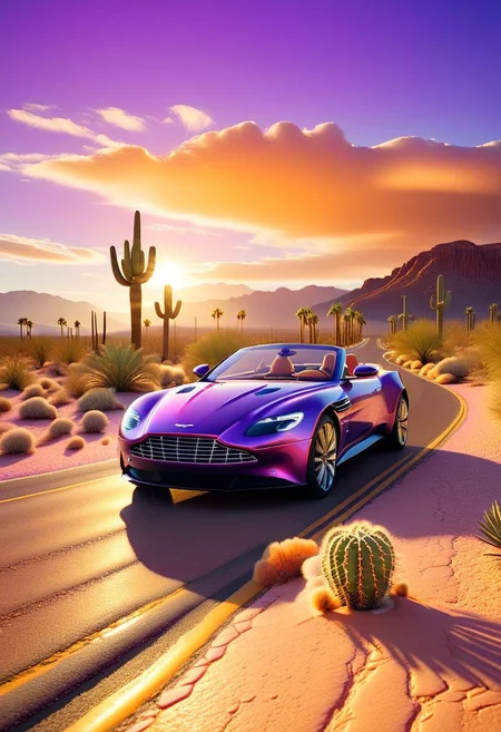 ispzxll, diorama, isometric, miniature, volumetric lighting style, intricate details, wide angle, ultra-detailed, purple aston martin convertible sports car, nevada desert highway, long straight road, palms, massive cactus, tumbleweed, wet pavement, reflective surfaces, bright headlights, glossy, golden hour, long shadows, fluffy clouds, sun rays shining through clouds, 8k