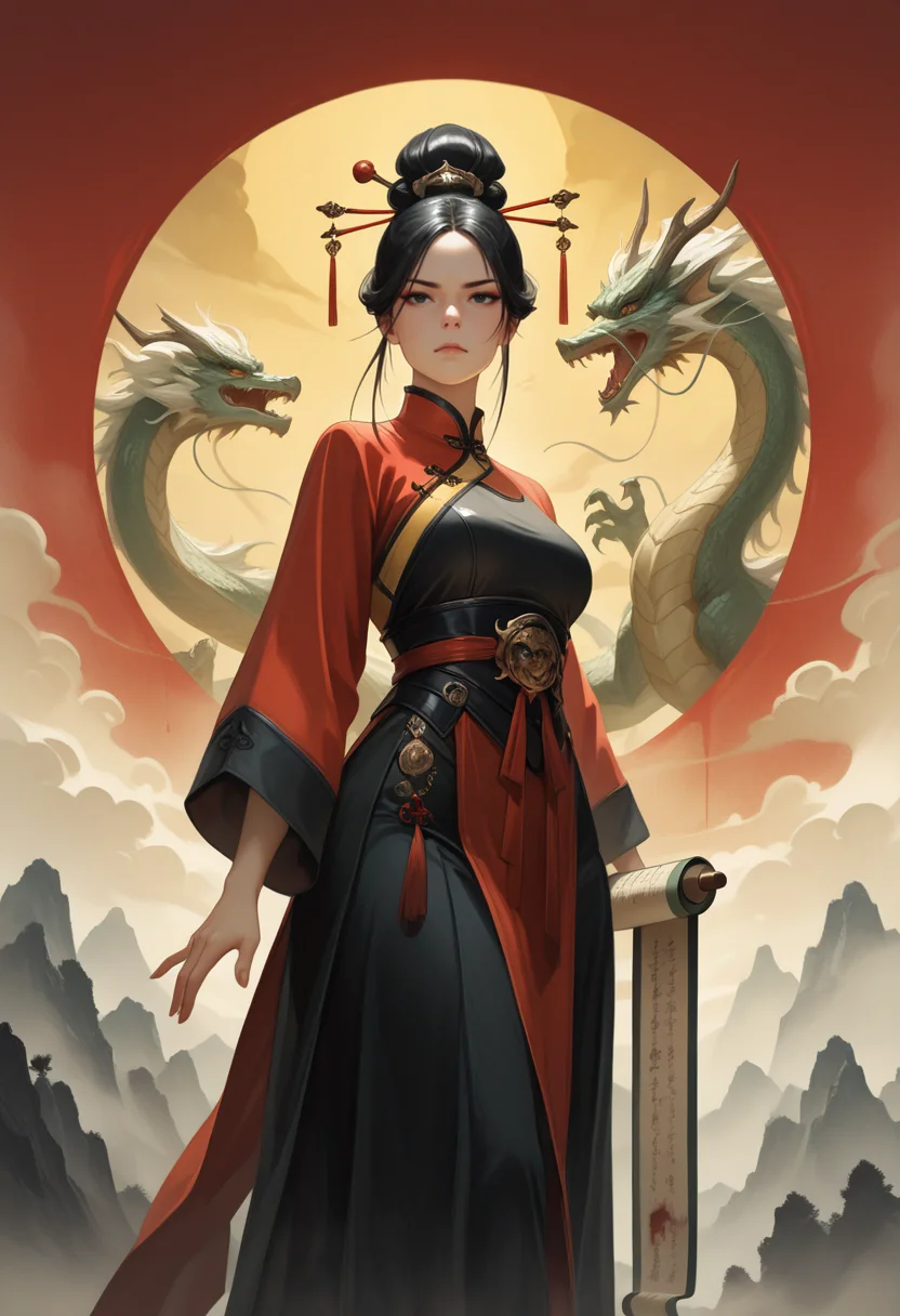masterpiece, best quality, amazing quality, very aesthetic, absurdres, newest, realistic,
mountains, fog, mist, trees, clouds, 1girl, hair bun, hair sticks, black hair, black eyes, curvy, qipao, windswept hair, scroll, asian, serious, red, yellow, white hair, dragon, blood, kwan, <lora:PulenKompot-NEQMA_Style-IL:1> neqma3