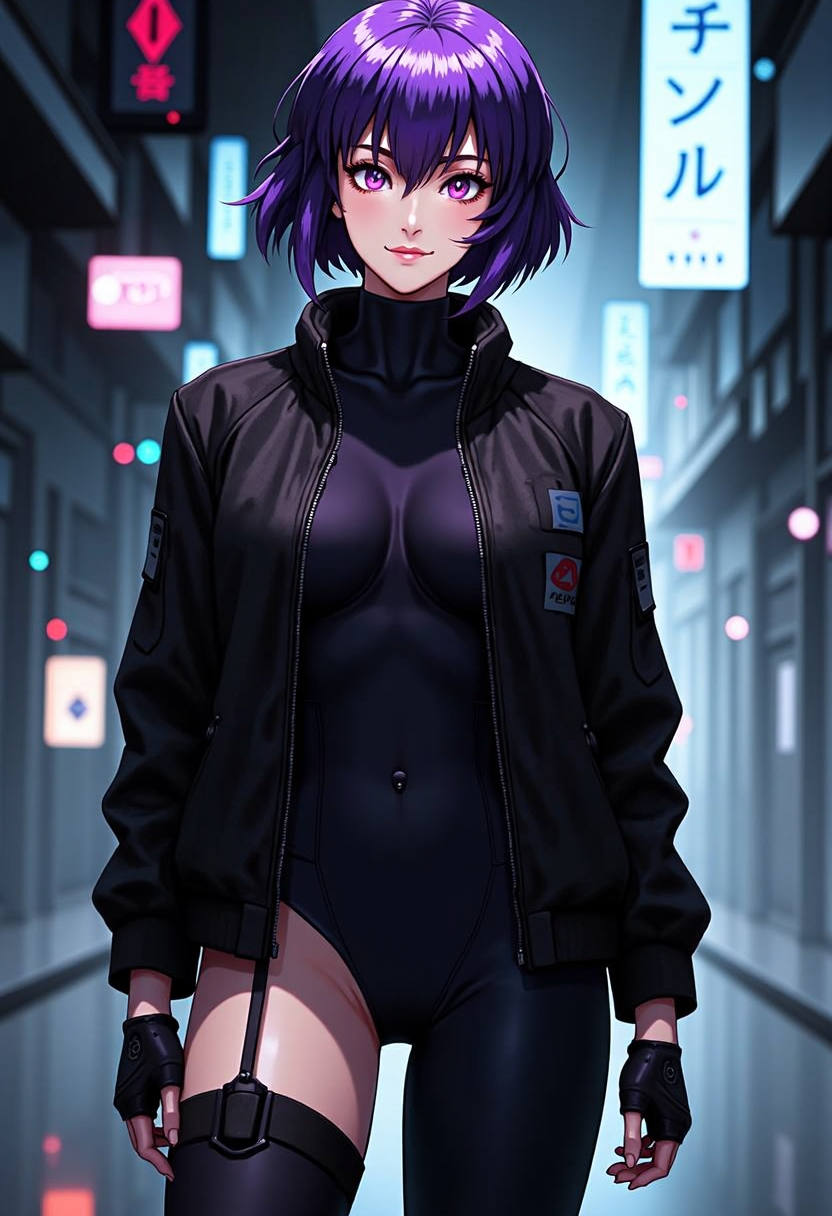 <lora:FLUX\Flux People 01042025\Motoko Kusanagi.safetensors:1.0>,  1girl, (masterpiece:1.3), (high resolution), (8K), (extremely detailed), (4k), (pixiv), perfect face, nice eyes and face, (best quality), (super detailed), detailed face and eyes, (solo), textured skin, absurdres, highres, motoko2045wz, black jacket, black leotard, fingerless gloves, pants, purple eyes, purple hair, short hair, lips, standing, cowboy shot, cityscape, looking at viewer, light light smile, cyberpunk, science fiction,