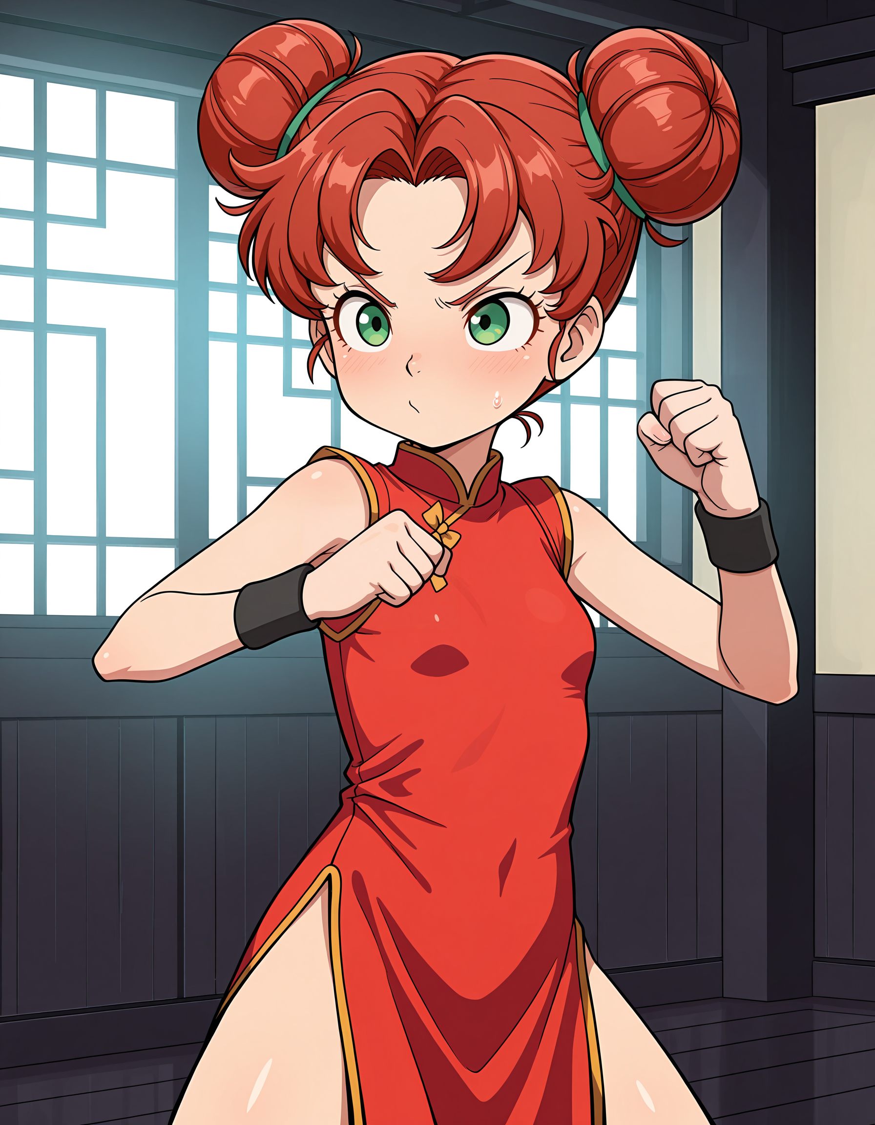 detailed face, masterpiece, best quality, very aesthetic, absurdres, volumetric lighting, official style, amazing quality, ultra detailed, highres, amazing quality, scenery, beautiful detailed hair, beautiful detailed eyes, detailed hands,
<lora:StS-Illustrious-Detail-Slider-v1.0:4>
at a martial arts dojo,
 <lora:Maribel_Mayde_Dragon_Quest_VII:1>
Maribel Mayde (character), 1girl, solo, dress, chinese clothes, red china dress, hair bun, double bun, green eyes, red hair, standing, wristband, karate punch, war face,