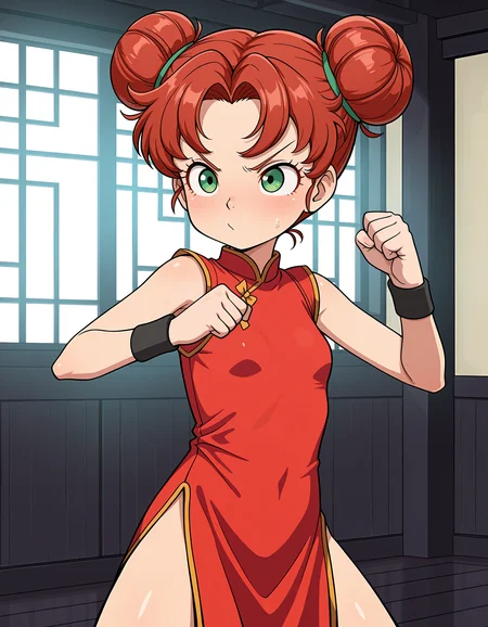 detailed face, masterpiece, best quality, very aesthetic, absurdres, volumetric lighting, official style, amazing quality, ultra detailed, highres, amazing quality, scenery, beautiful detailed hair, beautiful detailed eyes, detailed hands,
<lora:StS-Illustrious-Detail-Slider-v1.0:4>
at a martial arts dojo,
 <lora:Maribel_Mayde_Dragon_Quest_VII:1>
Maribel Mayde (character), 1girl, solo, dress, chinese clothes, red china dress, hair bun, double bun, green eyes, red hair, standing, wristband, karate punch, war face,