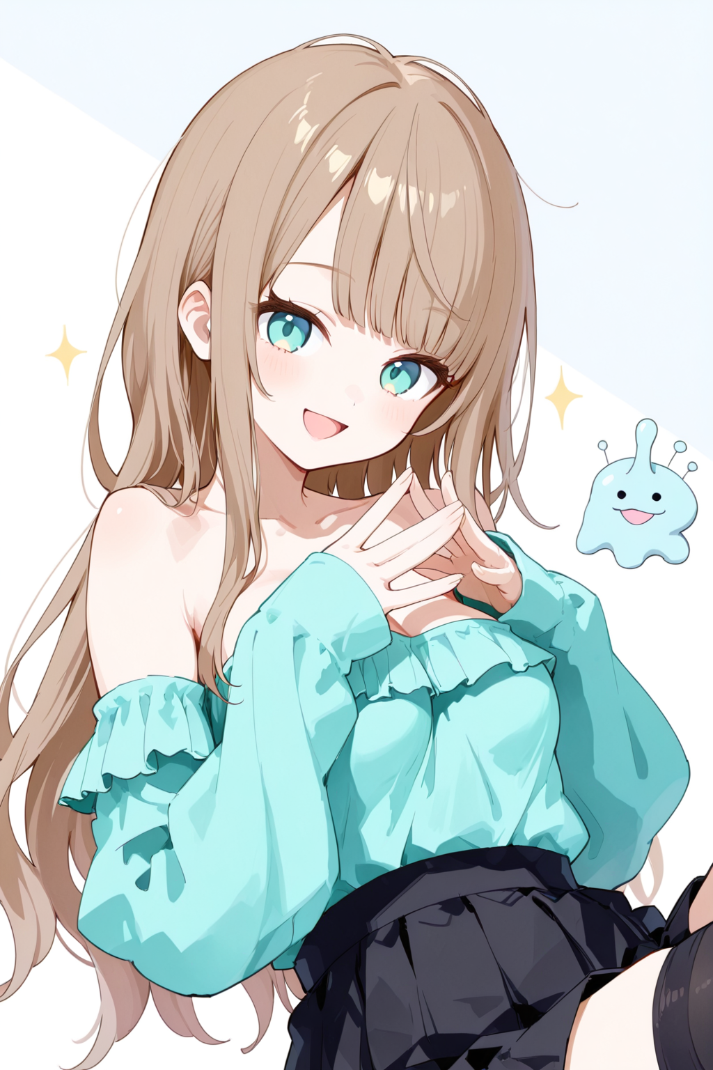 highres,absurdres,incredibly absurdres,huge filesize,cowboy shot,
1girl,portrait,brown long hair,aqua eyes,blunt bangs,small breast,off shoulder aqua shirt,black skirt,black thighhighs,detached sleeves,sleeves past wrists,open mouth,smile,fingers,f,<lora:Dittogirl:0.9>,dittogirl,<lora:hand 5.5:1>,<lora:DetailedEyes_V3:1>,<lora:748cmSDXL:0.8>,solo,swept bangs,disheveled hair,large breasts,cupping the breasts with both hands,