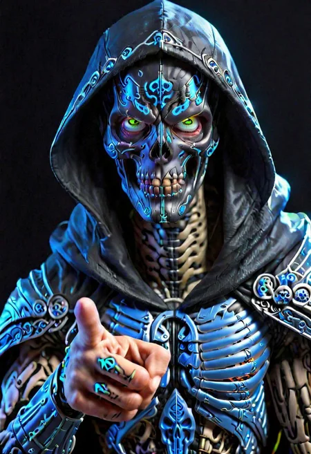 close up, Cyborg Assasin, Hooded cape, (Pointing Finger At Viewer), PENeonUV, blacklight, neon
