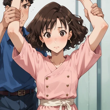 score_9, score_8_up, score_7_up, best quality, masterpiece, source_anime, zPDXL2, BREAK <lora:arms_up:1>blush, 1girl, 1boy, arms up, arm grab, standing, m1s4e,1girl,solo,looking at viewer, portrait, looking at viewer, ,<lora:m1s4e:0.7> <lora:hiroshi.pony:0.8> 1man, hiroshi,