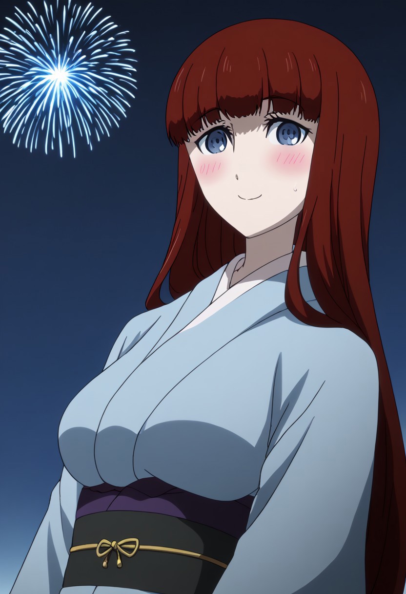 rating_safe, Ultra-high-detailed Anime illustration of Kagari Shiina from Anime Steins;Gate 0. The artwork features Kagari in a solo, standing position with a outdoors, flield and background, background in the night sky. night time. night.
She is depicted with intricate details showcasing her large breasts, natural_breasts. She is a white skinned, 22 years old woman. Kagari is looking_at_viewer with perfect_eyes, Her pupils are highly detailed. The eyes are open. blue eyes. Kagari's eyes are highlighted. Highlighted eyevrows. 
She has long hair, red colored hair, styled in blunt bangs and floating hair.
She is wearing a blue kimono and black shoes. japanese kimono, kimono.
The artistic style is intricate_details_xl with a focus on Anime art. The color palette emphasizes red and black with detailed strokes to bring out the character's features. The lighting creates dramatic shadows and highlights, adding depth to the artwork. The perspective is from a face focus, dutch angle to enhance the impact of the character's expression. This masterpiece is a true portrayal of Kagari's complex personality and will captivate any fan of Kagari. uncensored, upper body, blushing, smile, Kagari Shiina,
perfecteyes,
<lora:Steins_Gate:1>
kimono
happy new year!, Happy New Year fireworks, Happy New Years