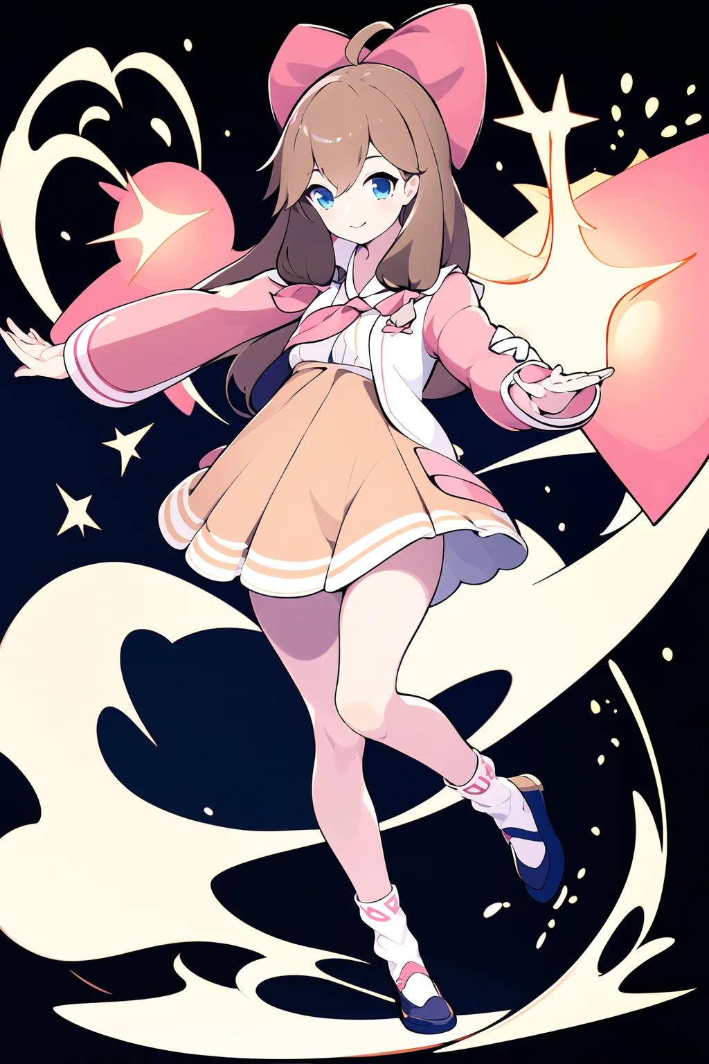 masterpiece, best quality, 1girl, solo, <lora:jiaranV23:1>, jiaran, (official dress:1.5), blue eyes, brown hair, pink hair bow, jacket, neckerchief, long hair, brown skirt, white socks, simple background, full body, <lora:worldflipperstyleV3:1>, dynamic pose