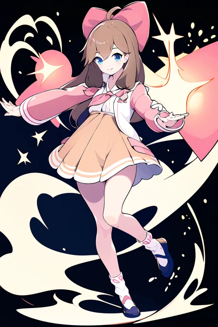masterpiece, best quality, 1girl, solo, <lora:jiaranV23:1>, jiaran, (official dress:1.5), blue eyes, brown hair, pink hair bow, jacket, neckerchief, long hair, brown skirt, white socks, simple background, full body, <lora:worldflipperstyleV3:1>, dynamic pose