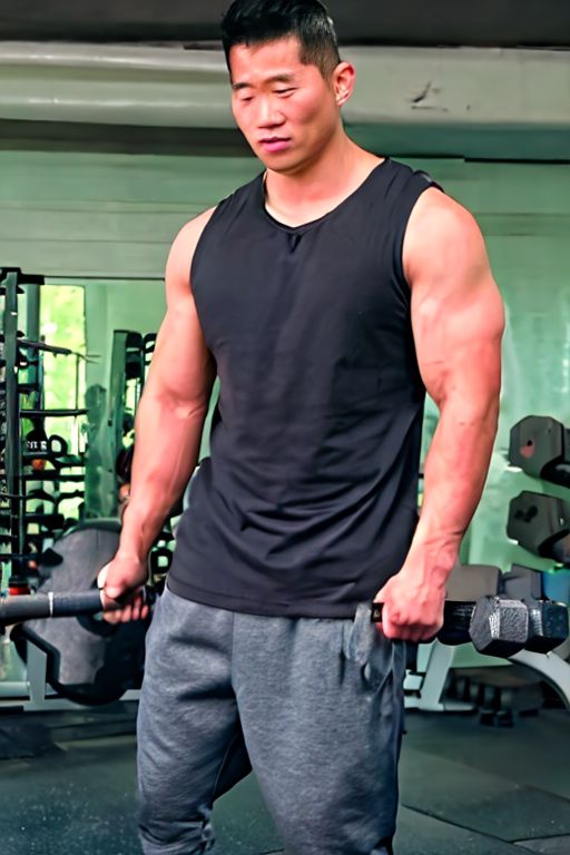 asian sexytrainer, tank top/sleeveless shirt, shorts/sweatpants/leggings, sneakers, gym, holding dumbbell/weightlifting, exercise, realistic, masterpiece, intricate details, detailed background, depth of field, photo of a handsome