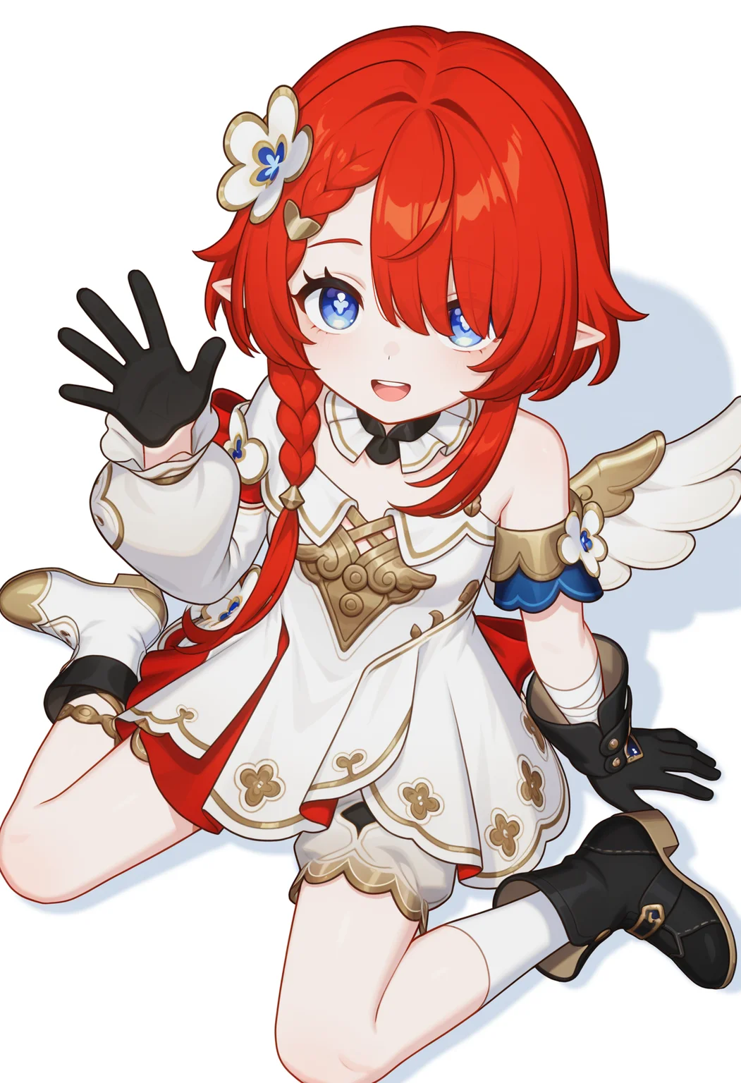 <lora:Tribios_illustrious-000030:1>,
Tribios_TINING,solo,blue eyes,white dress,hair ornament,asymmetrical gloves,braid,bangs covering one eye,looking at viewer,black gloves,black footwear,single sleeve,full body,puffy long sleeves,symbol-shaped pupils,white pupil,braids,flower-shaped hairpin,asymmetrical shoes,red hair,smile,waving,white_background,wariza,from_above,upper teeth only,open mouth