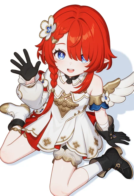 <lora:Tribios_illustrious-000030:1>,
Tribios_TINING,solo,blue eyes,white dress,hair ornament,asymmetrical gloves,braid,bangs covering one eye,looking at viewer,black gloves,black footwear,single sleeve,full body,puffy long sleeves,symbol-shaped pupils,white pupil,braids,flower-shaped hairpin,asymmetrical shoes,red hair,smile,waving,white_background,wariza,from_above,upper teeth only,open mouth