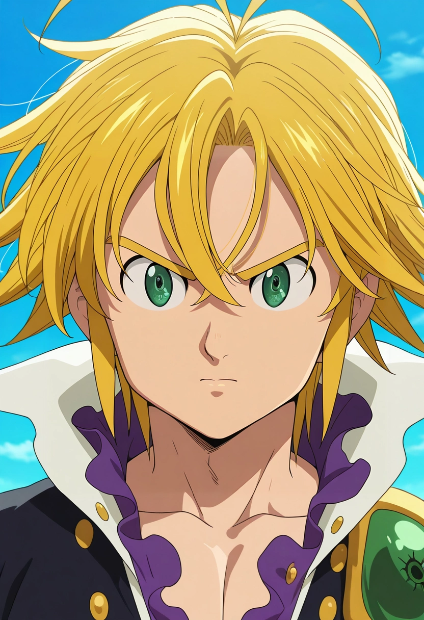 masterpiece, best quality, intricate details, anime screencap, , , , 1boy, solo, male focus, <lora:meliodas_nanatsu_no_taizai_ilxl:0.98>, meliodas_nanatsu_no_taizai, blonde hair, green eyes, short hair, antenna hair, hair between eyes,
