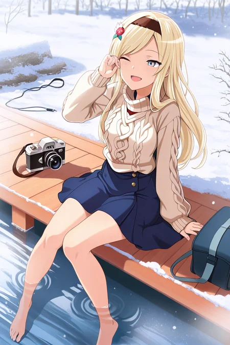 masterpiece, best quality, amazing quality,
<lora:Fumi_IL:1> fumi, 1girl, solo, long hair, one eye closed, blonde hair, camera, soaking feet, sitting, sweater, skirt, hairband, blue eyes, bag, water, flower, hair flower, smile, hair ornament, barefoot, snow, aran sweater, blue skirt, outdoors, open mouth, cable knit