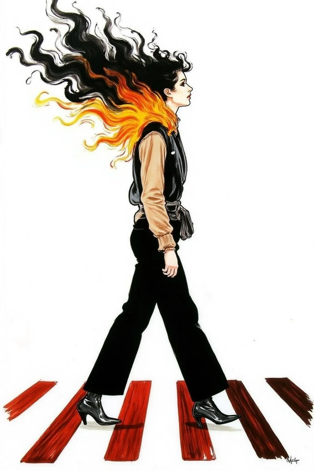 regr1 sketch.
nijiwc1 Ink brush style illustration.
Profile of a woman with long black hair walking across the street at zebra crossing. Her hair is on fire, with black Smoke coming out of her head.
The background is stark white
<lora:regr1_fashion_nocap_d6a3:1.0><lora:807337260749158399:0>