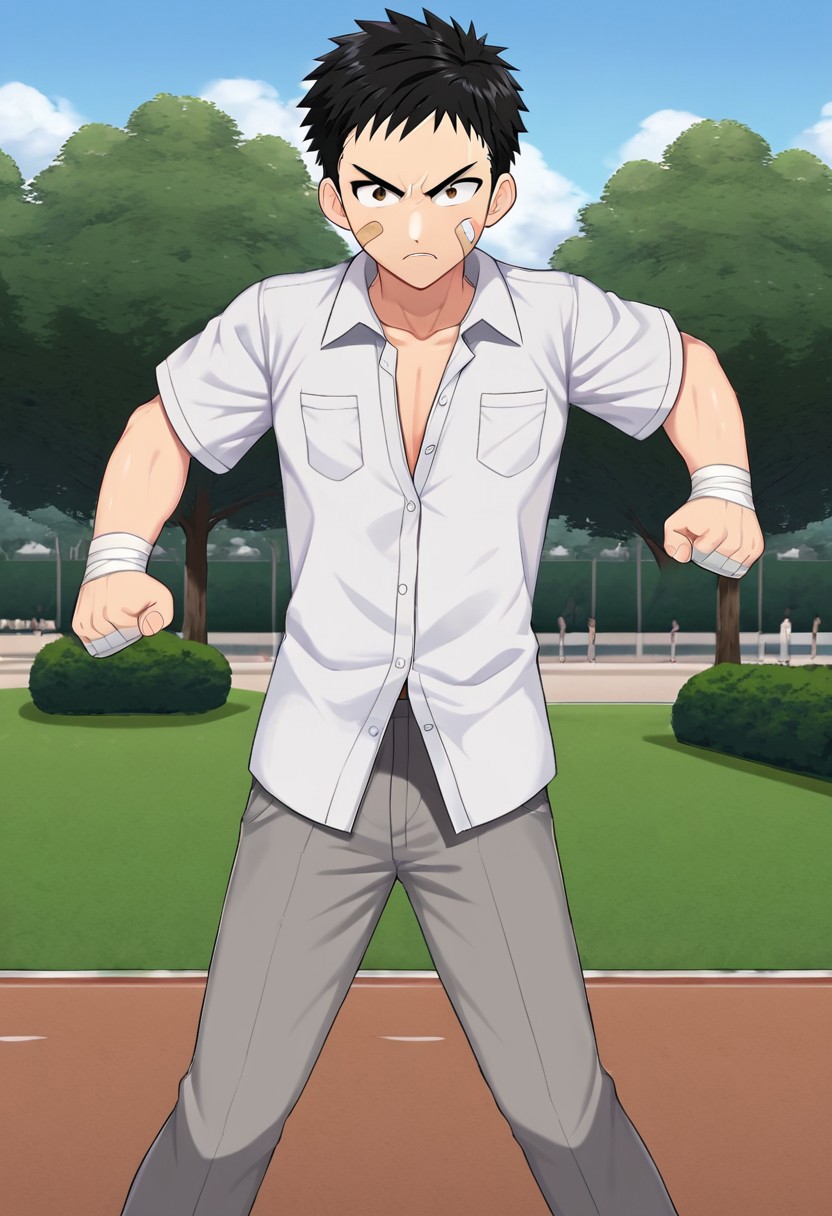 harmard, black hair, short hair, brown eyes, 1boy, solo, solo focus, wear white shirt, unbuttoned shirt, chest pocket, black t-shirt, grey pants, plaster on cheek, bandage on hands, at park, outdoor, fight pose, furious expression