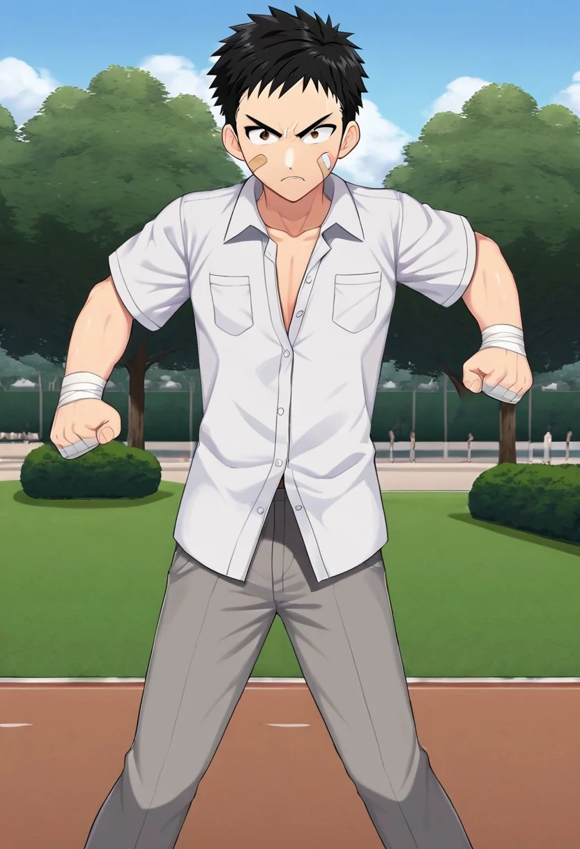 harmard, black hair, short hair, brown eyes, 1boy, solo, solo focus, wear white shirt, unbuttoned shirt, chest pocket, black t-shirt, grey pants, plaster on cheek, bandage on hands, at park, outdoor, fight pose, furious expression