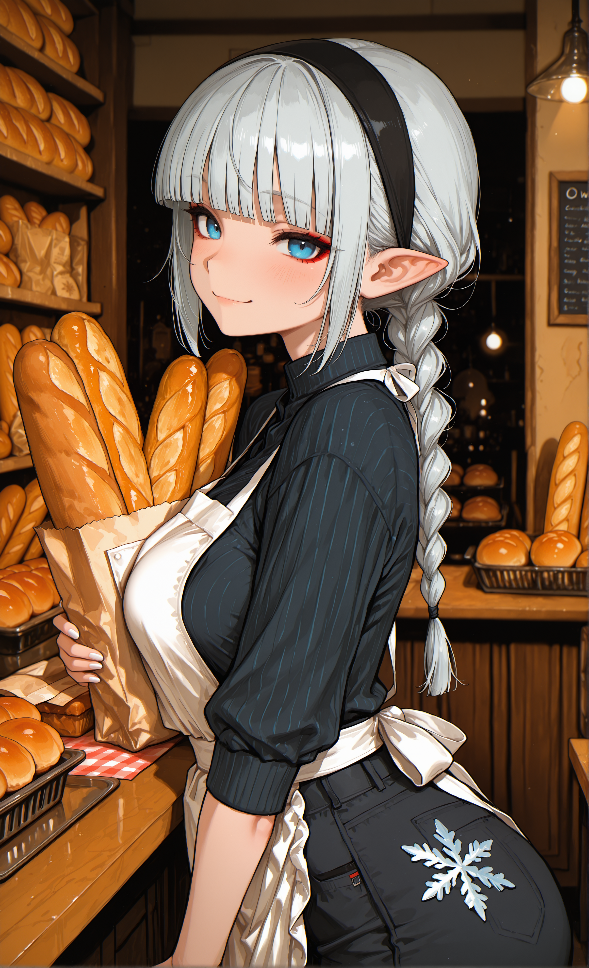 masterpiece, sharp detail, intricate detail, 1girl, pointy ears, blue eyes, short hair, silver hair, black hairband, medium breasts, blunt bangs, white nails, red eyeliner, <lora:aosiai123_style:0.8> traditional media,  aosiai123_illu, single braid, long braid, smile, indoors, bakery, white apron, pants, shirt, working in shop, baguette, bread slice, table, snowflake print,  chiaroscuro, volumetric lighting, dappled light, dramatic shadows, cinematic lighting, detailed background,  <lora:NOOB_vp1_detailer_by_volnovik_v1:0.7> <lora:illustriousXL_stabilizer_v1.23:0.8>,