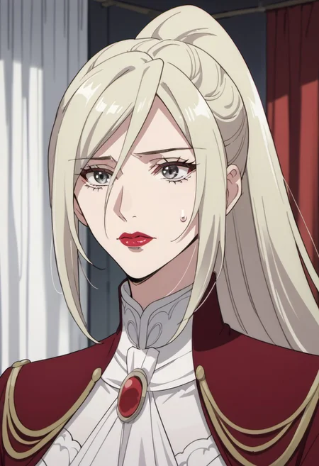 score_9, score_8_up, score_7_up, source_anime, elynsia teos rave, long hair, light blonde hair, grey eyes, 1girl, solo, ponytail, lipstick, makeup, curtains, sweatdrop
