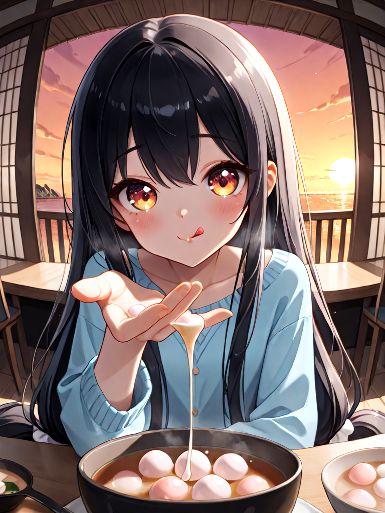 absurdres, explicit, tangyuan feeding, incoming food, blurry foreground, fisheye, pov, 1girl, shy, smile, holding spoon, hand up, sitting, soup, table, steam, steaming food, close-up, foreshortening, reaching towards viewer, sunset, black hair, absurdly long hair, low-tied long hair,  ((((pouty lips, licking lips)))), ((((beckoning, offering hand)))),<lora:girlliketangyuanfeeding_ilxl:0.8>