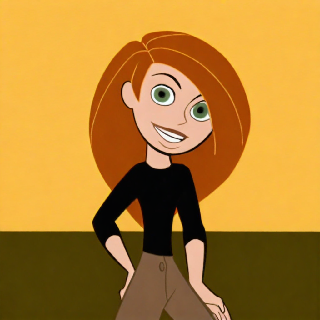 on-model, accurate art style, anime screencap, kim possible, cartoon screencap, 2000s \(style)\, parody, 1girl, solo, kimberly ann possible, orange hair, long hair, green eyes, smiling, looking at viewer, black shirt, brown pants, standing, detailed background, bedroom