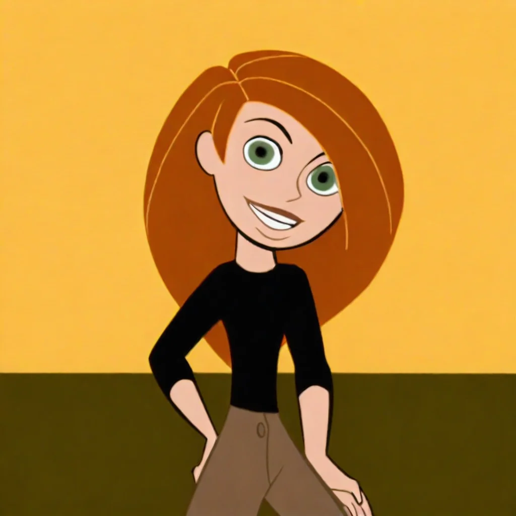 on-model, accurate art style, anime screencap, kim possible, cartoon screencap, 2000s \(style)\, parody, 1girl, solo, kimberly ann possible, orange hair, long hair, green eyes, smiling, looking at viewer, black shirt, brown pants, standing, detailed background, bedroom