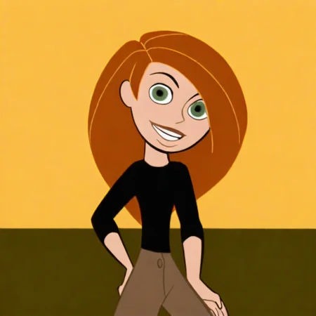 on-model, accurate art style, anime screencap, kim possible, cartoon screencap, 2000s \(style)\, parody, 1girl, solo, kimberly ann possible, orange hair, long hair, green eyes, smiling, looking at viewer, black shirt, brown pants, standing, detailed background, bedroom