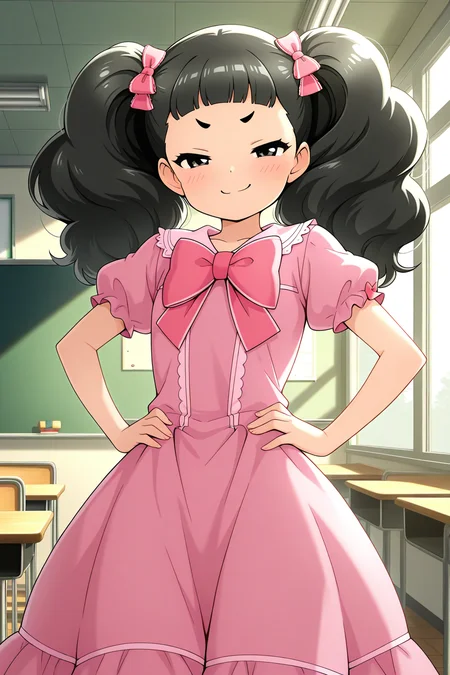 masterpiece, best quality, amazing quality, absurdres, solo, matsukiakino, smug, smile, hands on hip, black hair, pink dress, indoors, classroom, window, chalkboard