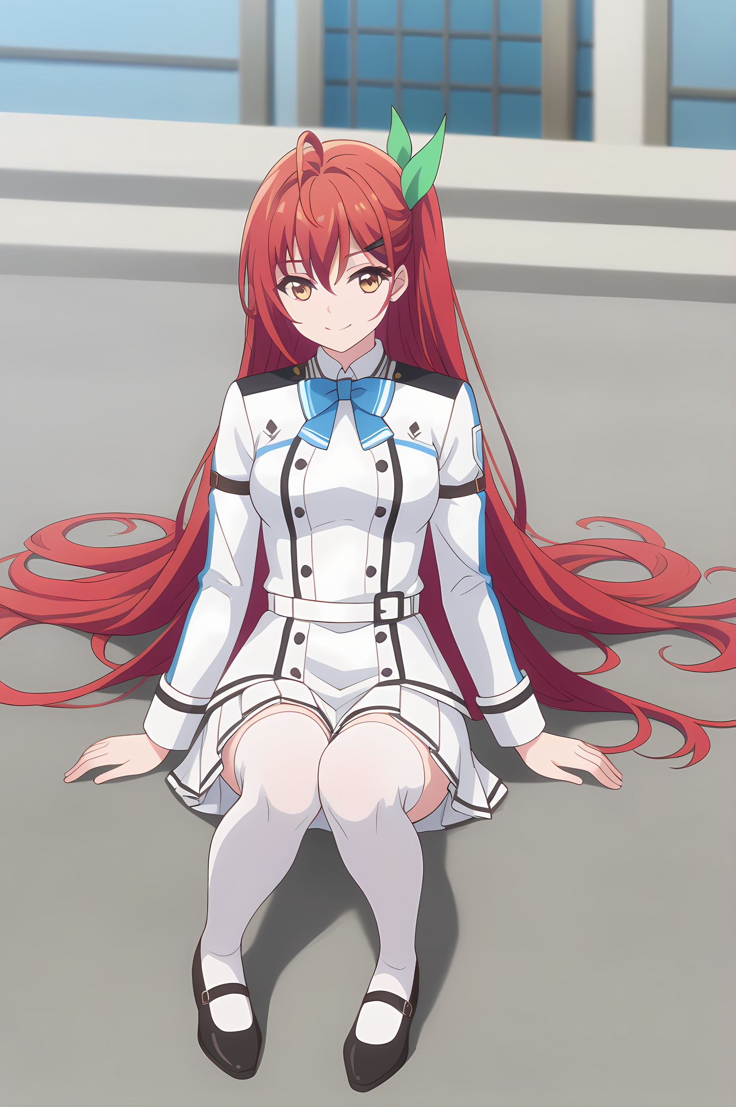 (white uniform:1.20), gg-leoleshea, red hair, long hair, hair ribbon, medium breasts, 1girl, solo, (skinny, petite), score_9, score_8_up, score_8, score_7_up, score_7, score_6_up, score_6, score_5_up, score_5, source_anime, light smile, outdoors, (1.3::full body|0.3::sitting|0.4::standing|0.4::lying|straight-on|0.6::close-up| :1.20), , <lora:gg-leoleshea-V01-000003:0.70>