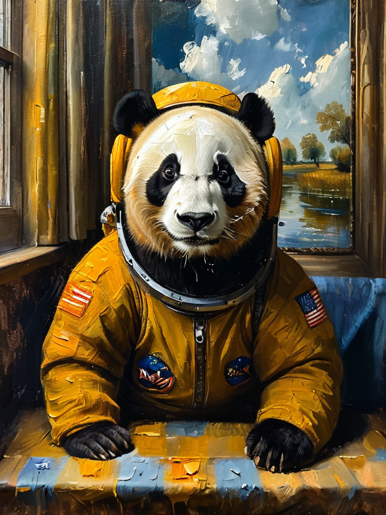 masterpiece,best quality,<lora:tbh122-sdxl:0.9>,portrait of panda astronaut,oil painting,style of Jan Vermeer,