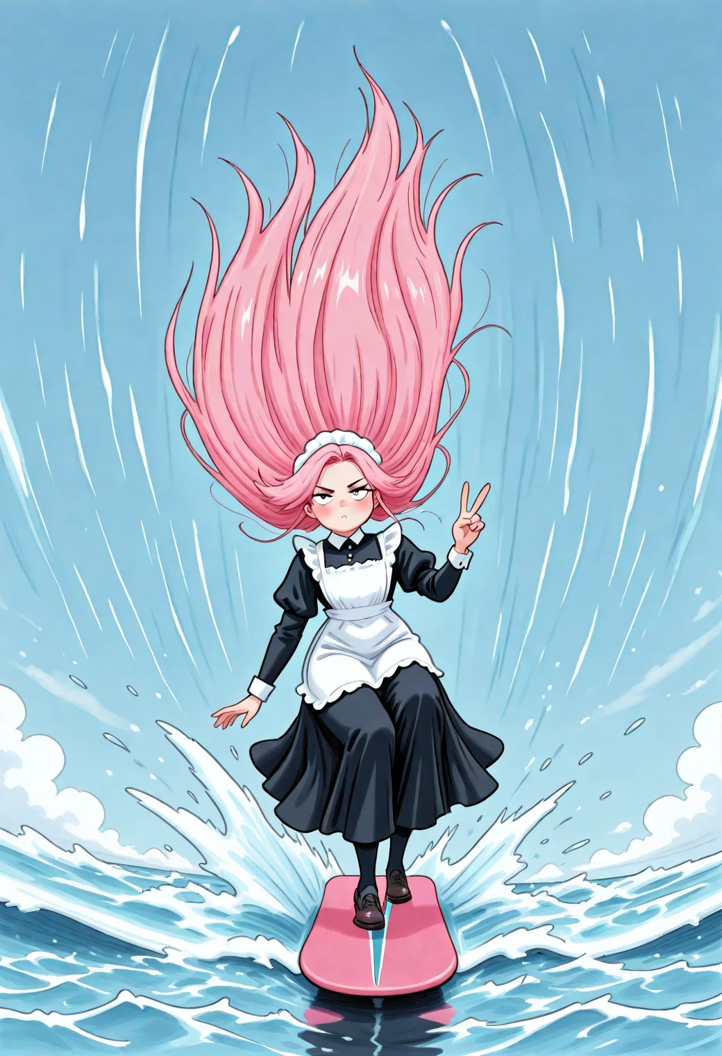 cabookstyle, masterpiece, best quality, very aesthetic, newest, 2024, 1girl, solo, civchan, wearing maid outfit, pink hair, surfing, water, looking at viewer, kubrick stare, v
