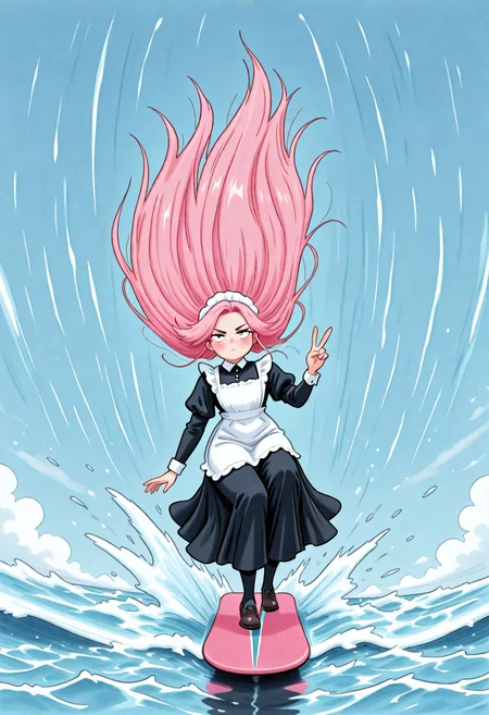 cabookstyle, masterpiece, best quality, very aesthetic, newest, 2024, 1girl, solo, civchan, wearing maid outfit, pink hair, surfing, water, looking at viewer, kubrick stare, v