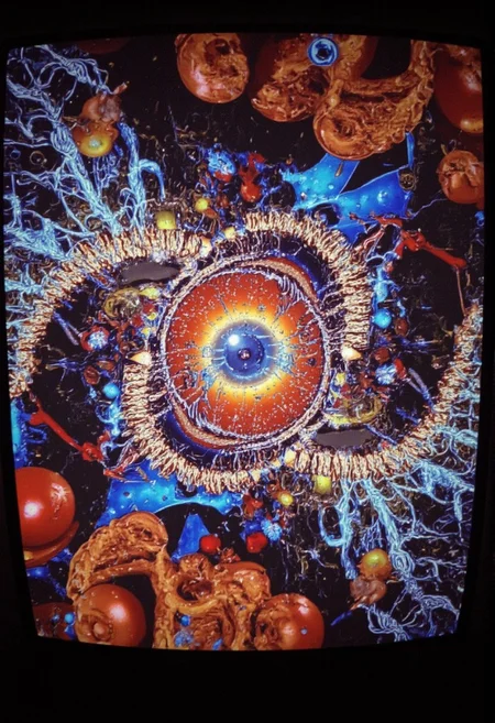 Slot machine graphics from front view . Disturbing scenes of addiction, people injecting drugs heroin, white powder, drinking alcohol smoking cigarettes. very strange surrealist style with holographic vortex featuring swirls of holotropic colour and glowing eyes wet distorted factory shot. On the television sets are glowing hands, with electricity coming off the finger tips. swirling around
