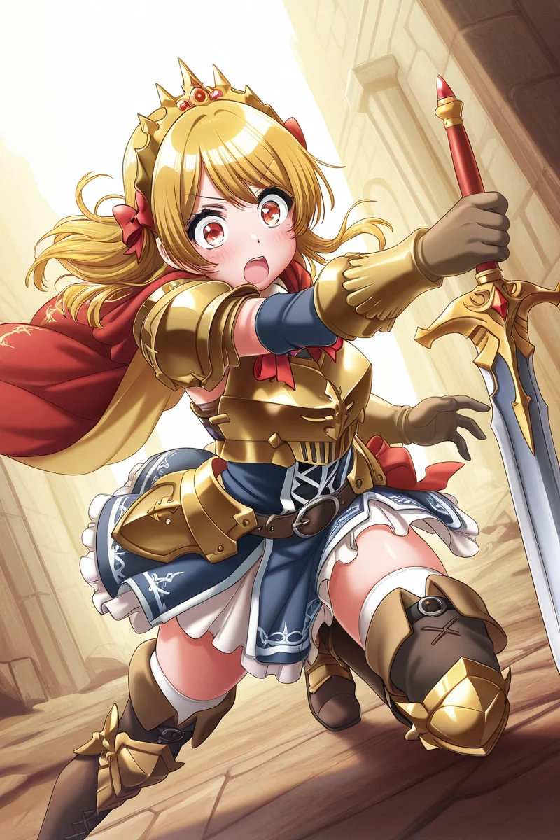 masterpiece, best quality, amazing quality,
<lora:RinkuV2_IL:1> rinku, 1girl, weapon, sword, blonde hair, armor, red eyes, solo, open mouth, holding, gloves, cape, holding weapon, tiara, holding sword, thighhighs, boots