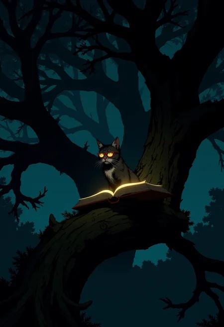 View of the oak tree from afar. A cat with glasses sits on an tree branch with a smart look. There is an open book on the branch next to the cat. Night. Dark fantasy.
<lora:Dark_Gothic_Comic_style_v.2:0.9> DGC style.