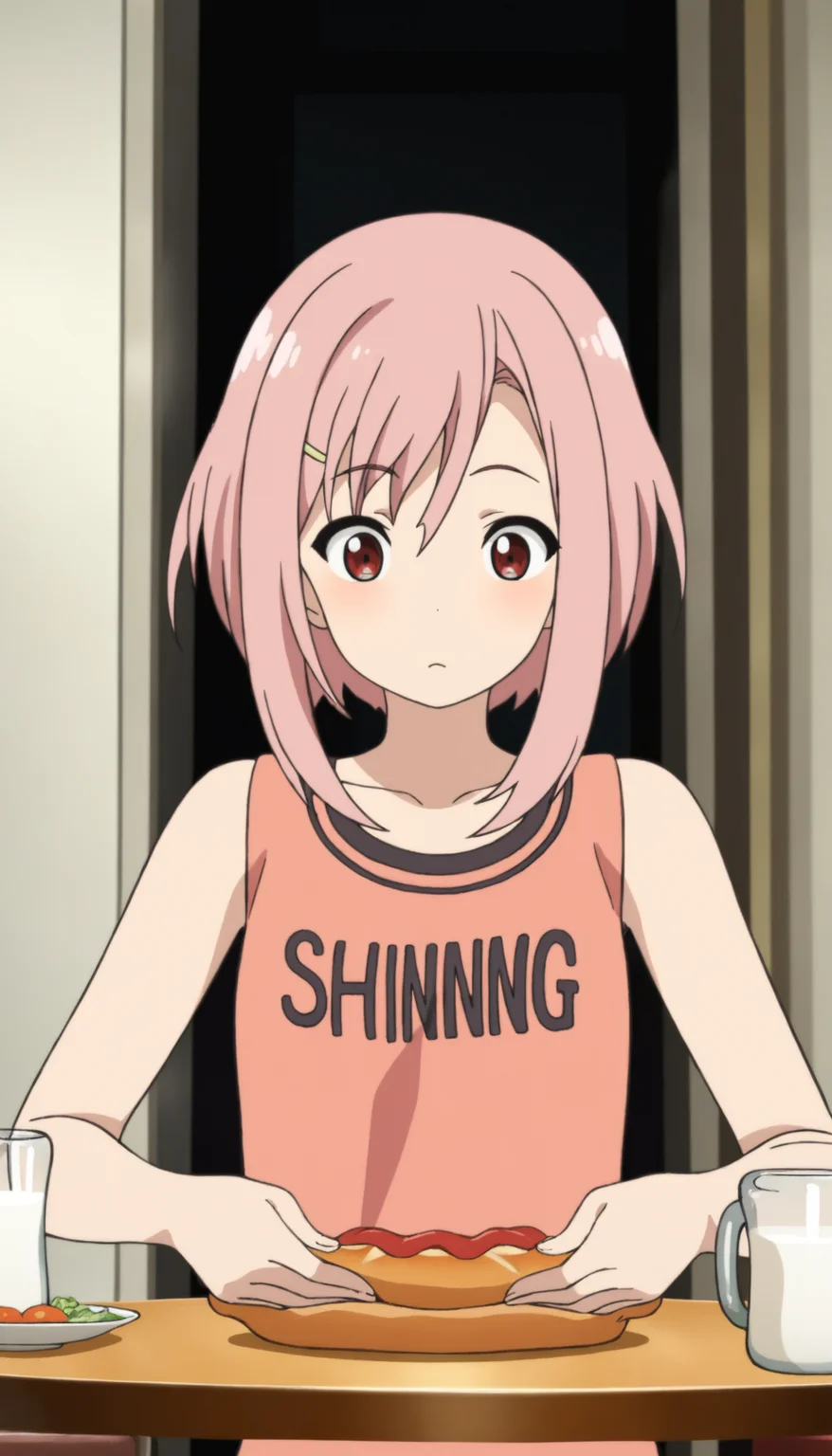 masterpiece,best quality,amazing quality,
<lora:yoshinokoharuNAI:1>,yoshinokoharu,
1girl,solo,pink hair,short hair,yellow hairpin,bangs,red eyes,orange tank top,character print on tank top,upper body,hands on table,holding bread,indoors,living room,white wall,a bottle of milk on the table,