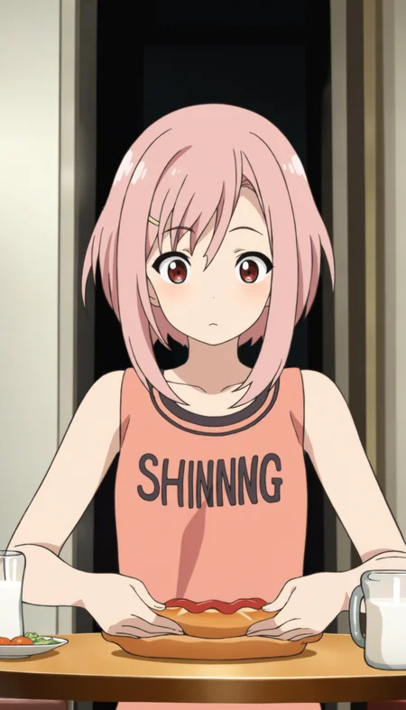 masterpiece,best quality,amazing quality,
<lora:yoshinokoharuNAI:1>,yoshinokoharu,
1girl,solo,pink hair,short hair,yellow hairpin,bangs,red eyes,orange tank top,character print on tank top,upper body,hands on table,holding bread,indoors,living room,white wall,a bottle of milk on the table,